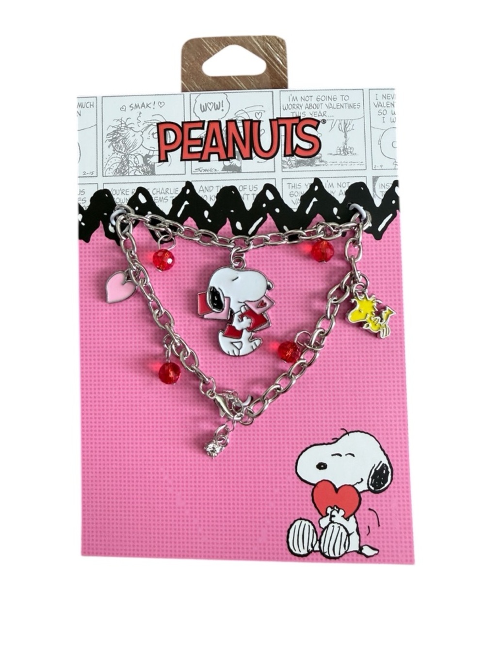 Peanuts Pink Snoopy & Woodstock Charm Bracelet with Red Beads